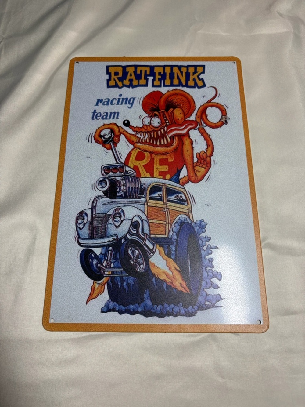 Rat Fink Racing Team Metal Sign - Orange, Blue, White